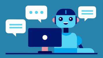 Customer Service Automation A friendly robot interacting with a customer through a computer screen answering questions with speech bubbles showing automated responses.. vector