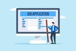 Flat illustration of businessman hold pencil filling in job application form on computer vector