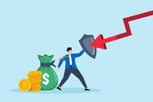 Flat illustration of strong businessman hold shield protect money bag and coin against red arrow attacking financial security vector
