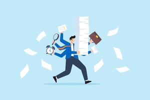 Flat illustration of stressed businessman carry stack of paperwork struggling with multitasking vector
