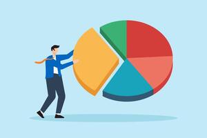 Flat illustration of businessman taking piece of colorful pie chart representing market share and revenue distribution vector