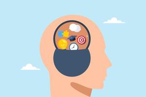 Flat illustration of human head brain with skill symbol symbolizing learning and upskilling for success vector