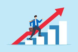 Flat illustration of businessman walk up growth chart staircase symbolizing progress toward success vector