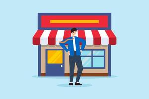 Flat illustration of confident businessman stand in front of new company store symbolizing entrepreneurship vector
