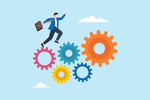 Flat illustration of businessman jump onto cogwheel symbolizing project management workflow vector