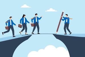 Flat illustration of businessman manager draw bridge to help team member cross cliff to success vector
