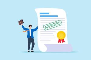 Flat illustration of happy businessman hold approved document stamped with certification seal vector