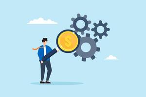 Flat illustration of businessman use magnifier to inspect dollar money from cogwheel symbolizing cost effective vector