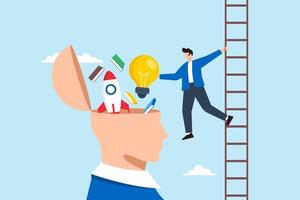 Flat illustration of man insert book lightbulb rocket booster into open human mind symbolizing upskilling vector