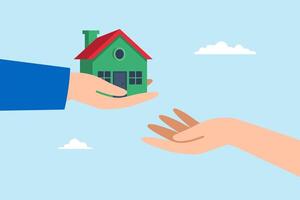 Flat illustration of father hand give house model to child symbolizing inheritance vector