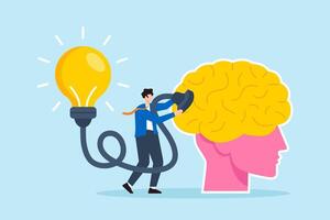 Flat illustration of businessman connect lightbulb idea plug to human brain symbolizing creativity and innovation vector