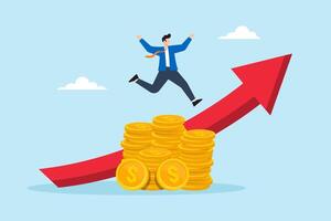 Flat illustration of rich businessman jump high on money coin stack with growth graph symbolizing financial success vector