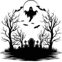 Spooky Ghost Scene With Bats And Graveyard Silhouette Illustration vector