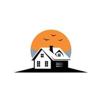 Simple House Silhouette With Birds And Sun Icon Design vector