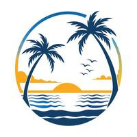 Tropical Island Sunset Design With Palm Trees And Ocean Waves vector