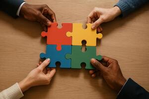 Collaboration in Color. Teamwork on a Puzzle - Hands work together to fit colorful puzzle pieces, symbolizing unity and problem-solving. photo