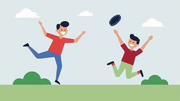Leaping Catch One person is leaping into the air with excitement to catch a flying frying pan their arms reaching high. The pan glimmers in the sunlight as it sails over their head. vector