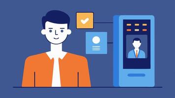 Office Access Control An employee standing in front of a hightech facial recognition terminal at an office building with a visual overlay of their face matching a digital profile.. vector
