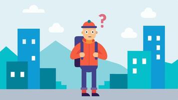 Hikers Dilemma An urban dweller dressed in hiking gear stands in a city block surrounded by concrete looking confused and disheartened about where to find trails while nature is. vector