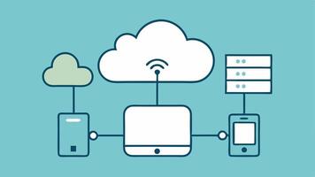 Network Connectivity A cloud icon at the center with various lines connecting to different devices computer smartphone tablet to show network upload functionality.. vector