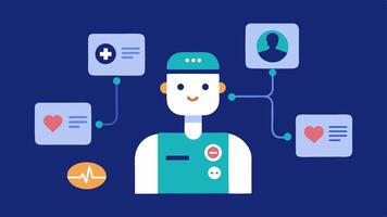 Health Monitoring An image showing a patient linking wearable health technology to a chatbot for realtime health monitoring with graphs displayed on the chatbot screen.. vector