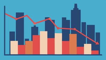 Housing Market Graph A simple line graph showing rising rent prices over time against the backdrop of a city skyline. A downward arrow s the local average income. vector
