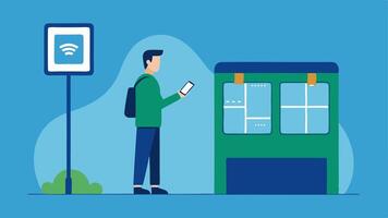 Mobile Wallet on the Go A user standing at a bus stop using a mobile wallet on their phone to scan a QR code for a quick transaction.. vector