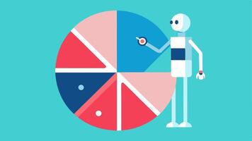 Market Segmentation A pie chart splitting into segments with an AI figure pointing at the different sections indicating how AI helps in segmenting the market for targeted. vector