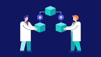 Medical Data Transfer Two healthcare professionals exchanging a digital file with a glowing blockchain symbol between them illustrating secure data sharing over the blockchain. vector