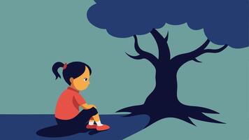 Imaginative Climb A child with pigtails seated beneath a large twisting tree. The artwork highlights the contrast between the childs cheerful colors and the dark exaggerated shadow. vector