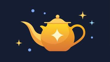Midnight Magical Pour A classic teapot with a glossy finish. The teapot is depicted midpour and instead of a stream of liquid a waterfall of luminous stars flows outwards. The cup. vector