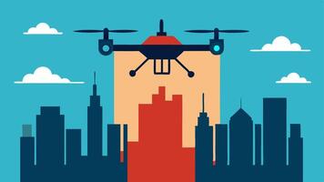 City Skyline Monitoring A drone hovering above a stylized city skyline with a camera focused downwards capturing images of the roads and buildings below.. vector