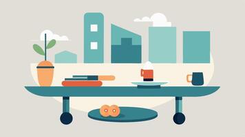 Modern Urban Dining A sleek graphic illustration of a skateboard as a dining table atop a concrete floor. The skateboard is topped with a modern arrangement of minimalist. vector