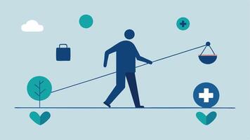 Balancing Act An individual walking on a tightrope holding a balance pole labeled Mental Health while trying to keep steady a various symbols of chronic illness like pills and. vector
