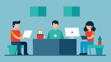 on the other side a group of people at the same desk where one person is reading a magazine while others are diligently working.. vector