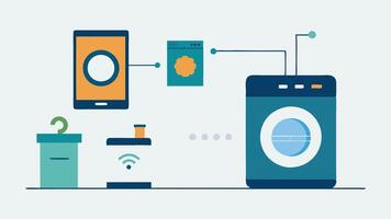 Connected Washer Dryer A laundry room with a smart washer and dryer featuring a digital interface that allows users to startstop cycles remotely and track their laundry progress. vector