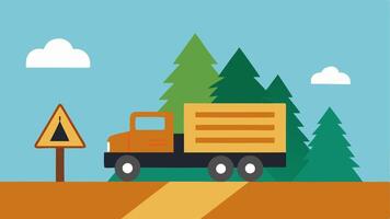 Logging Truck A logging truck loaded with tree trunks driving on a dirt road with a sign warning of wildlife crossing nearby.. vector