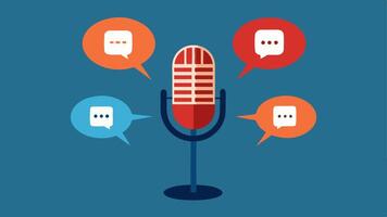 Microphone with Waves A sleek microphone with sound waves emanating from it surrounded by various speech bubbles filled with text in different languages.. vector