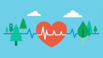 Heartbeat with Nature A heart monitor line that transitions from a healthy heartbeat to jagged spikes with s of trees water and wildlife fading into degradation. vector