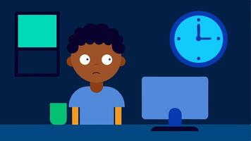 Time Flies with Screens An of a clock on the wall showing late hours while a child sits in front of a computer illuminated by the screens blue light with a surprised. vector