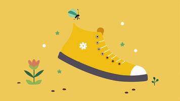 HighTop Haven A retrostyle hightop shoe featuring a cheerful yellow color is turned upside down. The tongue of the shoe serves as a small planter with delicate succulent plants. vector