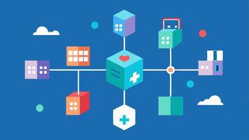 Interconnected Systems A visual of various healthcare systems like hospitals labs and pharmacies connected by a chain made of blocks illustrating the integration of blockchain in. vector