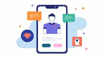 Mobile Shopping App An illustration of a smartphone showing an AI chat interface that suggests clothing items based on previous purchases with a users profile picture in the. vector