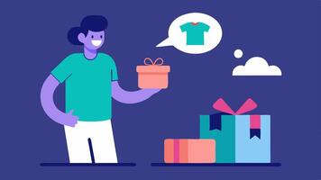 Gift Suggestion Algorithm An illustration of the AI presenting various gift ideas for a friend with a happy user browsing through suggested outfits based on their friends style.. vector