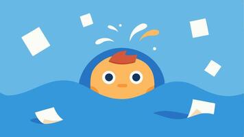 Paper Ocean A figure is depicted in a whimsical cartoonish ocean made entirely of sheets of paper. The characters head is ly peeking out above the swirling chaotic waves of. vector