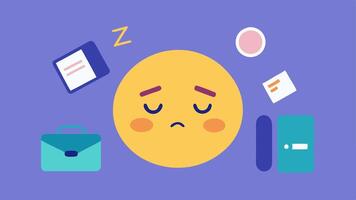Tired Face Emoji A tired emoji with zs floating above surrounded by work items like a briefcase phone and spreadsheets showcasing the lack of restful sleep.. vector