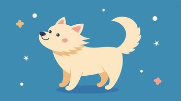 Excited Pup with Tail Wagging A illustration of a small fluffy dog standing on its hind legs tongue out in a joyful expression. The tail is raised high and curved surrounded. vector