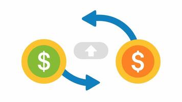 Currency Exchange A simple design showing two arrows exchanging digital coins with graphical currency symbols on either side to represent buying and selling actions.. vector