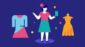 Mobile App Shopping A user holds a smartphone and uses an AR app to project a realistic image of a dress onto themselves exploring different colors and styles.. vector