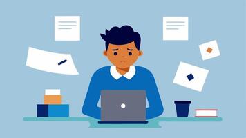 Job Search Dilemma A young person sitting at a desk cluttered with job rejection letters and a computer screen displaying endless job listings looking frustrated and overwhelmed.. vector